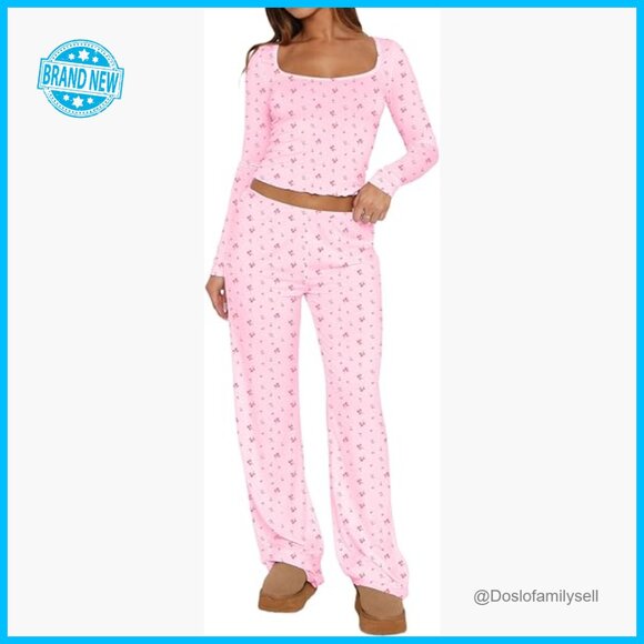 Y2K Floral Pajama Set Long Sleeve Top and Pants Soft Sleepwear Lounge